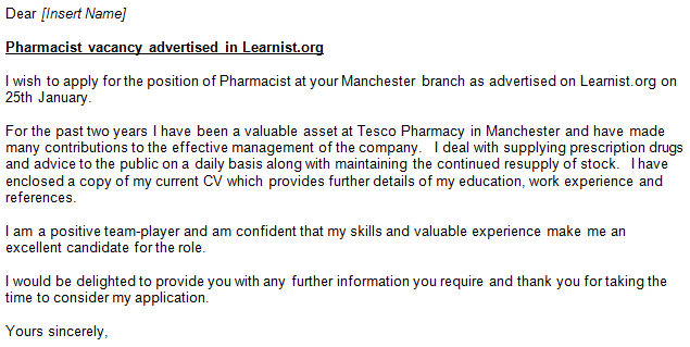 Cover letter examples hospital pharmacist