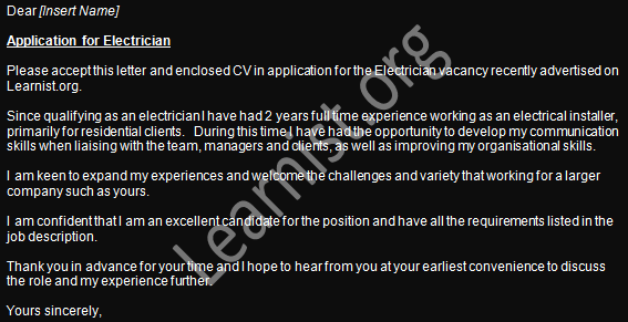 Cover letter for electrician position