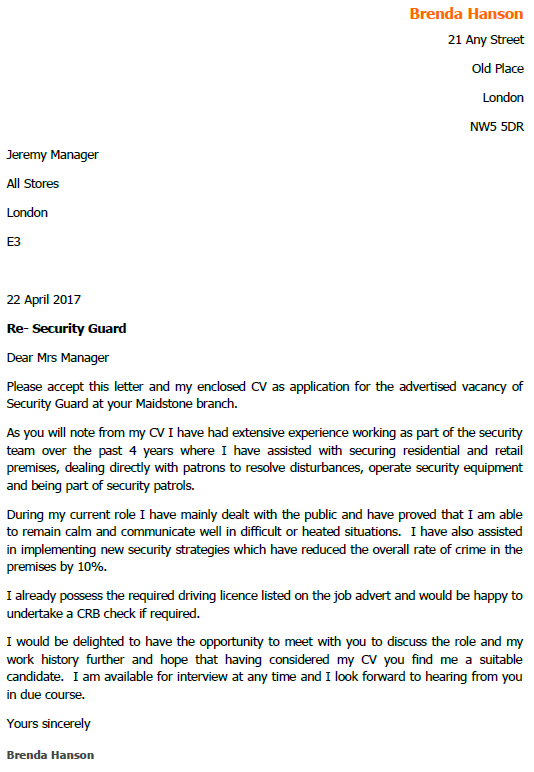 Security officer cover letter examples