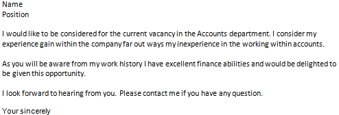 Cover letter for position within the company