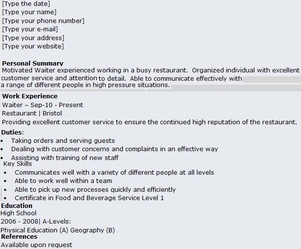 resume waitstaff sample