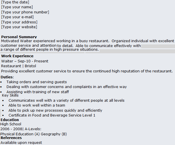 Waitress definition resume