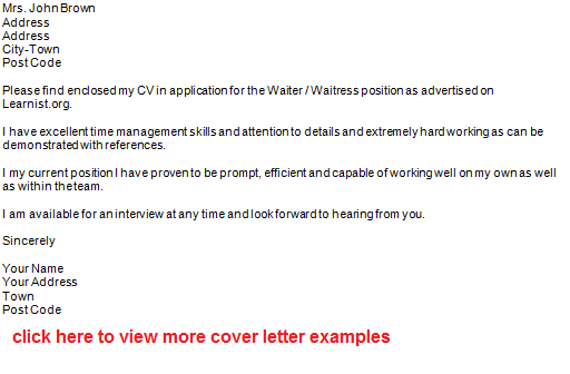 Cover letter for waitress resume