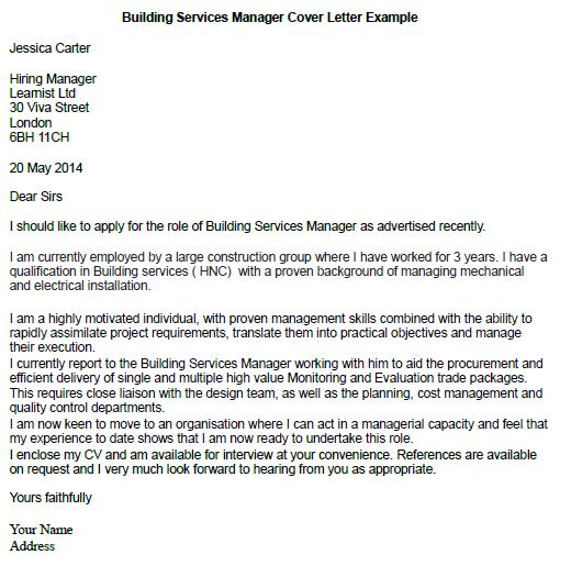 Building Services Manager Cover Letter Example - Learnist.org
