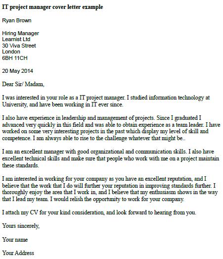 it project manager cover letter example