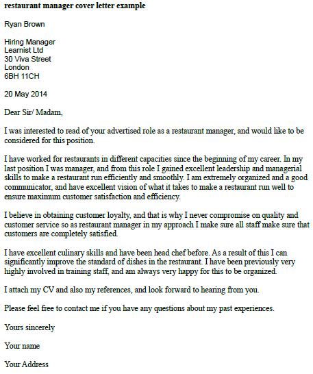 Restaurant manager cover letter templates