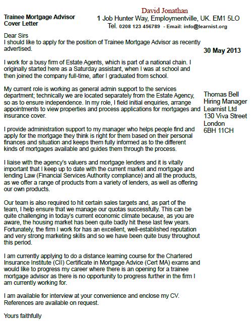 Cover letter mortgage adviser