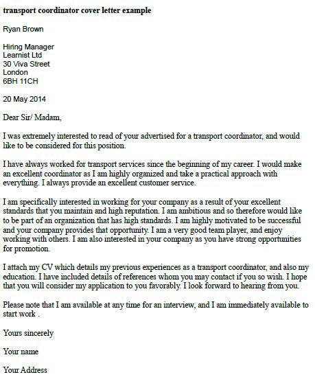 transport coordinator cover letter example