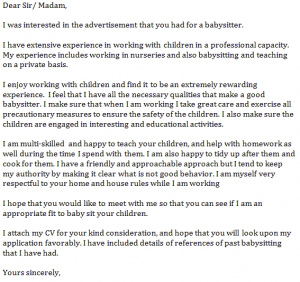 Example of cover letter for babysitter