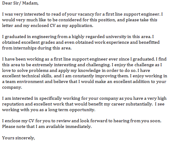 first line support engineer cover letter example