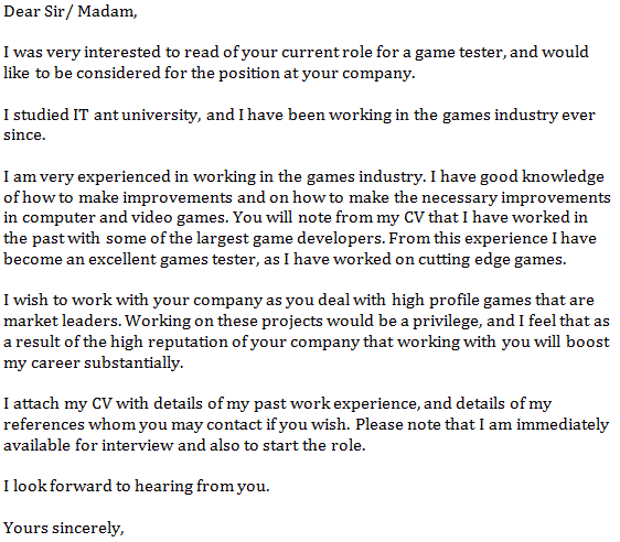 game tester cover letter example