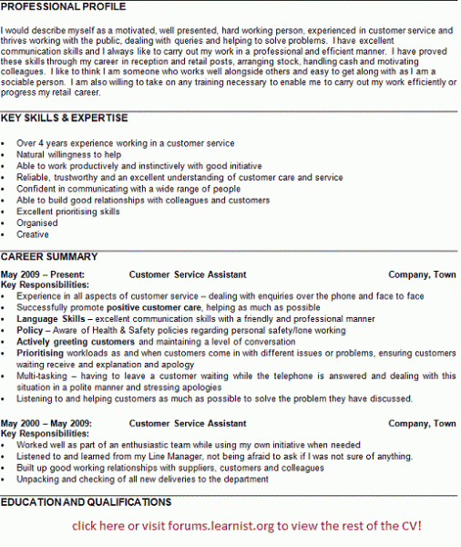 customer assistant cv