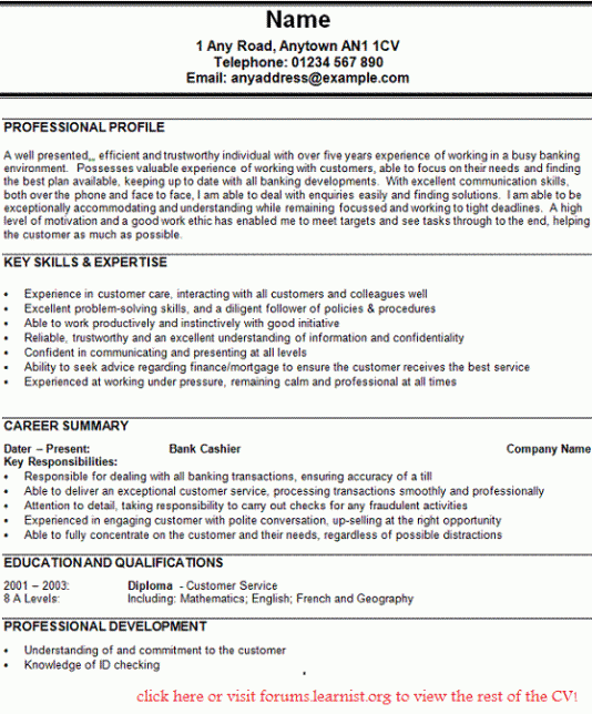 bank clerk cv