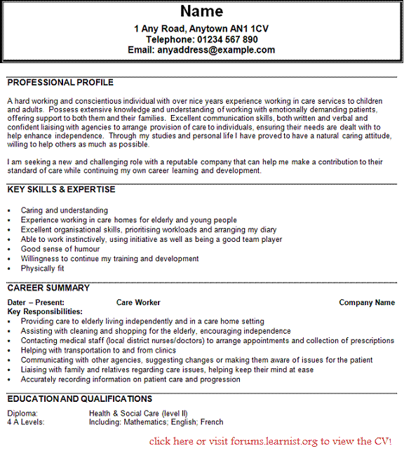resume sample for aged care worker
