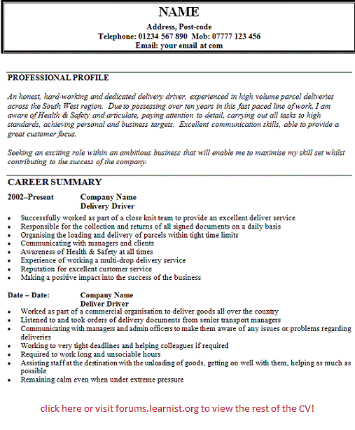 Furniture delivery driver resume sample