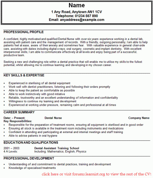 dental nurse cv example