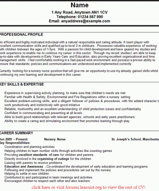 nursery nurse cv example
