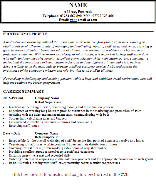 Retail Supervisor Resume Good luck.