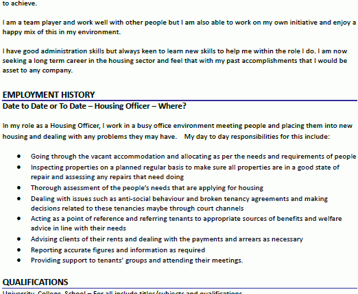 Housing Officer CV Example Learnist