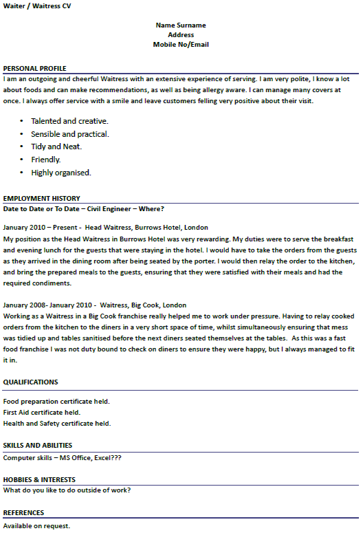 Example Resume Exemple Cv Anglais Waiter