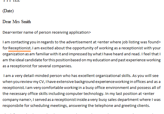 medical reception cover letters