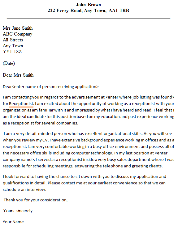 Cover letter for medical receptionist uk