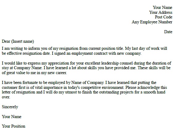 resignation letter example