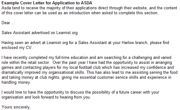 asda application letter - cover letter