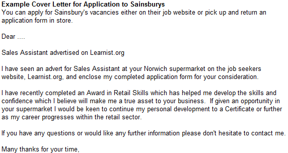 application letters for sainsbury's