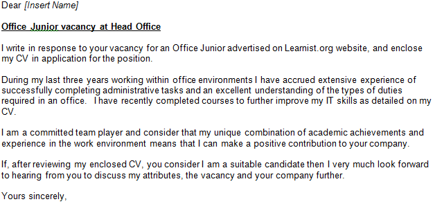 office junior cover letter example