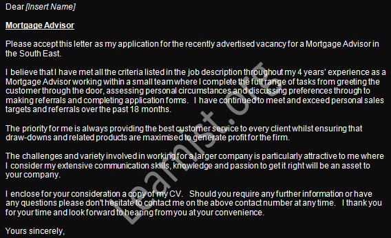mortgage advisor job application cover letter example