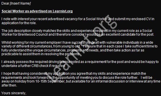 social worker job application cover letter example