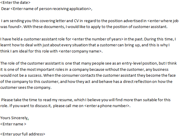 customer assistant job application letter example
