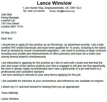 electrician cover letter example