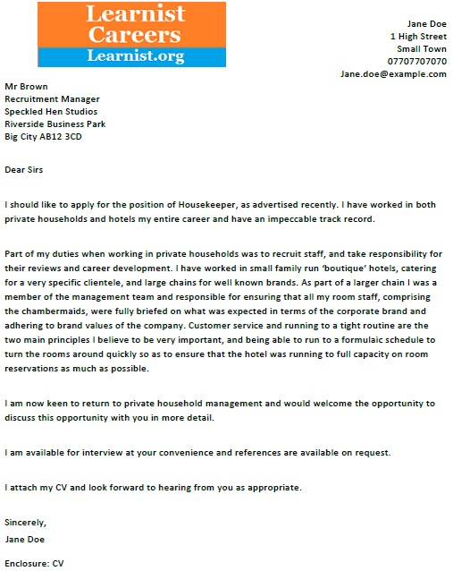 short cover letter for housekeeping