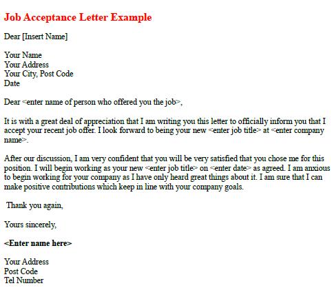 Job Acceptance Letter Example