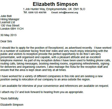 Receptionist Cover Letter Example Learnist Org