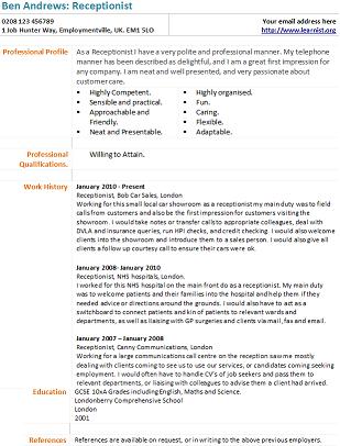 receptionist cv example