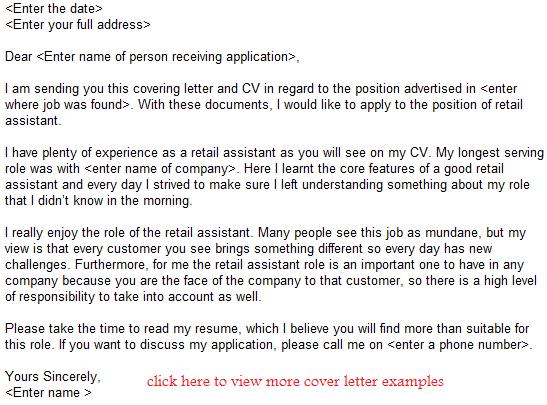 retail assistant job application letter