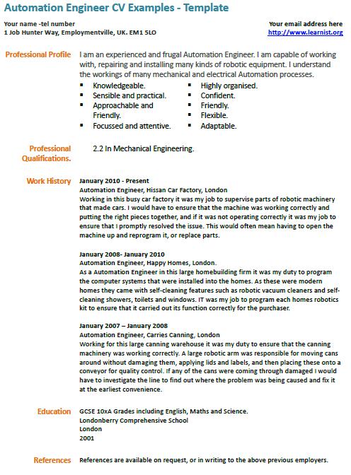 Automation engineer CV example