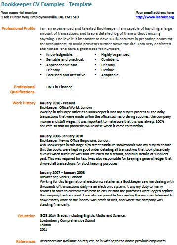 Bookkeeper cv example