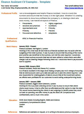 Finance Assistant cv example