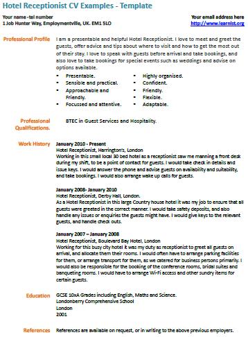 Hotel Receptionist cv example