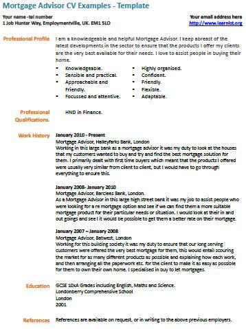 Mortgage Advisor cv example