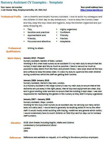 Nursery Assistant cv example