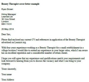 Beauty Therapist Cover Letter Example