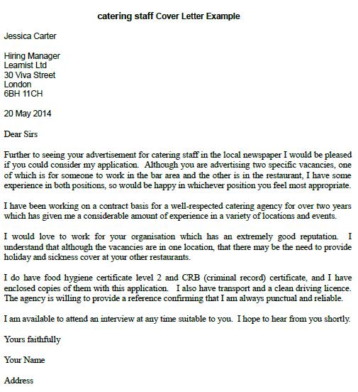 sample cover letter for a catering sales manager