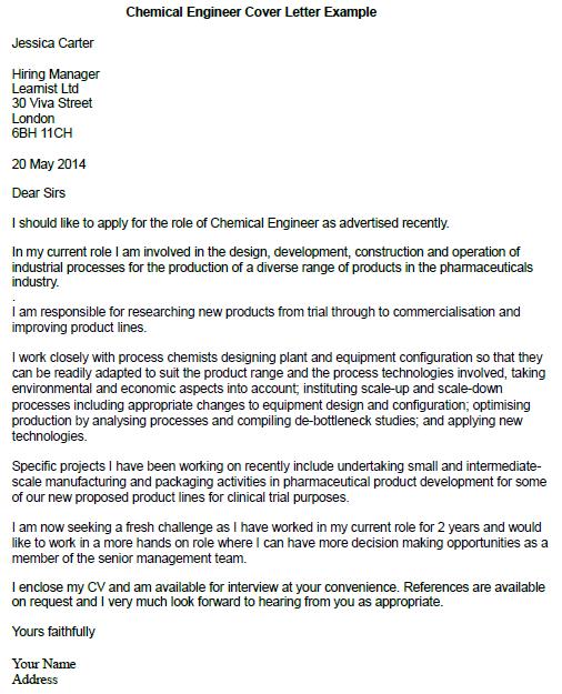 email cover letter for chemical engineer