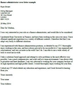 Finance Administrator Cover Letter Example