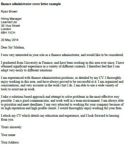 Finance Administrator Cover Letter Example